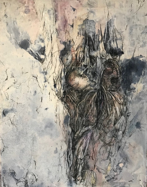 Abstract artwork with a central plant on a textured background