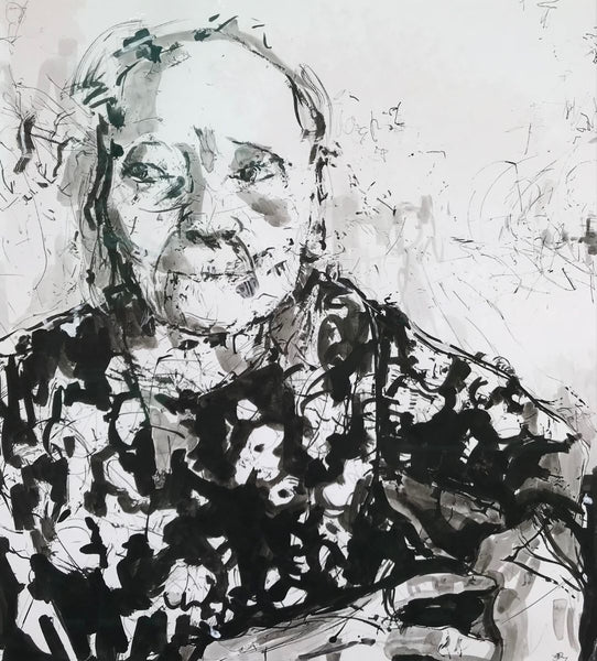 Black and white abstract portrait of a person with dynamic line work.