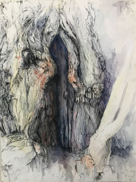 Close up mixed media drawing of a tree cavity