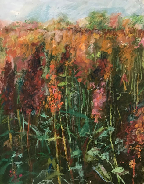 Painting of a field with tall grass and flowers in autumn colors