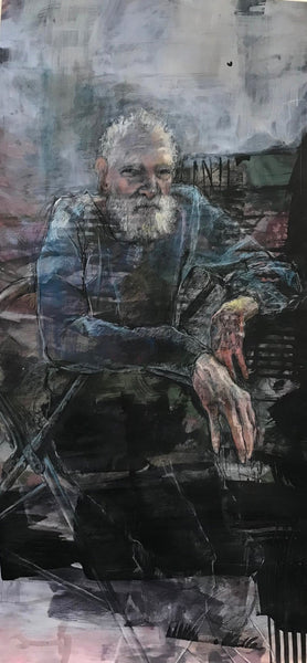 Artistic depiction of an elderly man with a beard sitting on a bench.