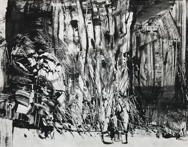 Abstract black and white ink drawing of barns.