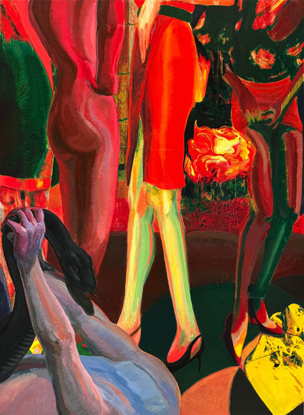 Colorful abstract painting of a woman in a red dress and a person holding a snake.