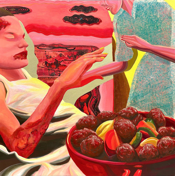 Abstract painting in red of a person and a bowl of fruit with a stove in the background 