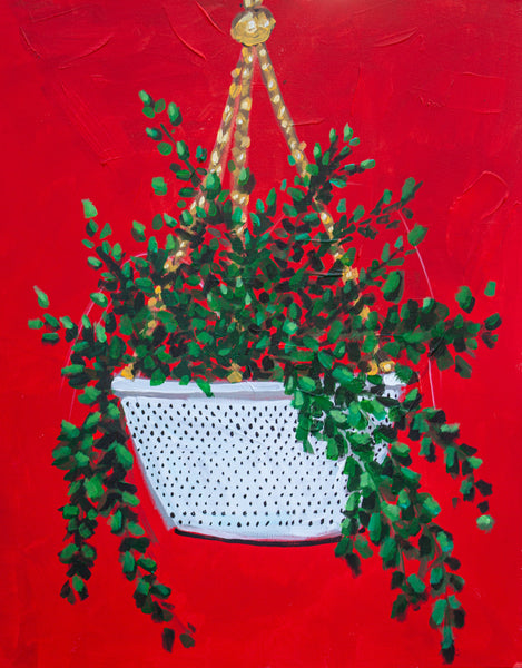 Hanging Plant (Red), acrylic on canvas painting by Cerulean Arts Collective Member Elaina Posey