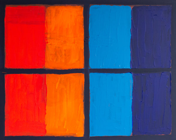 Abstract art with four colored squares on a dark background