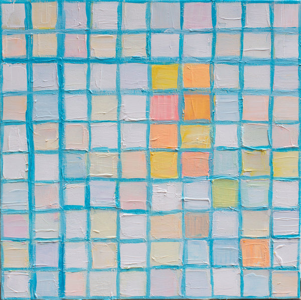 Artistic depiction of a grid with colorful square patches on a blue background