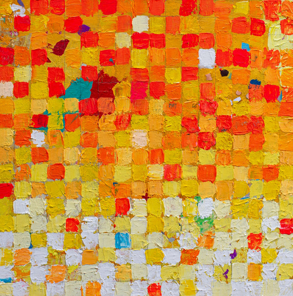 Colorful abstract artwork with a grid pattern of squares in various colors.
