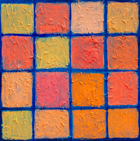 Abstract art with colorful squares on a blue background