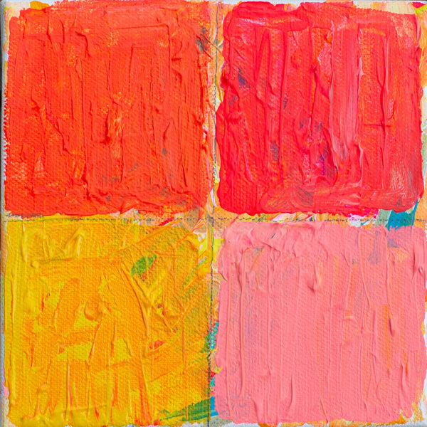 Four square panels with textured red, pink, yellow, and orange paint strokes on a white background.