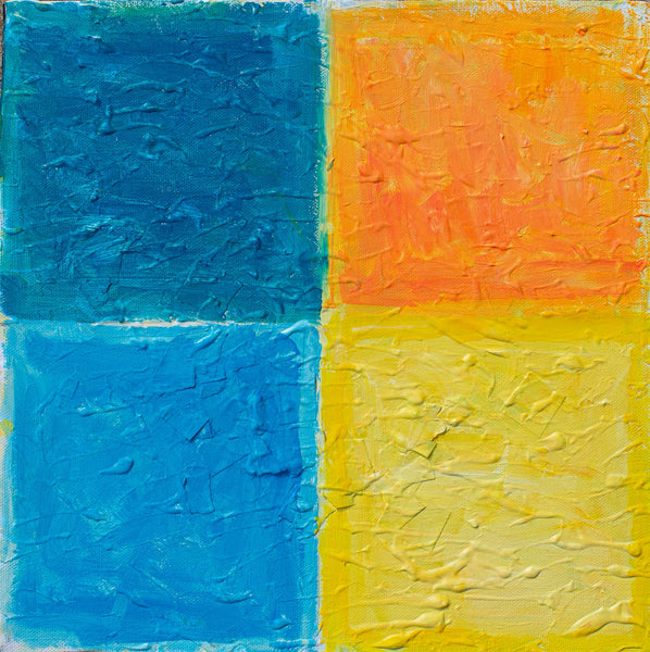 Abstract painting with four square blocks of blue, orange, and yellow.