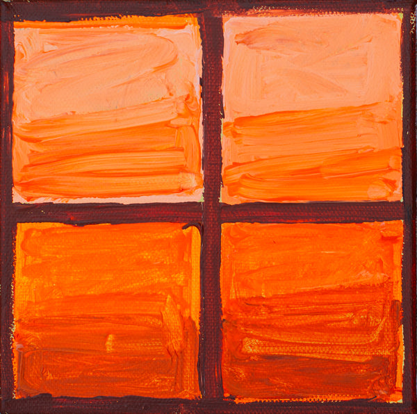 Abstract painting with four orange squares on a dark background