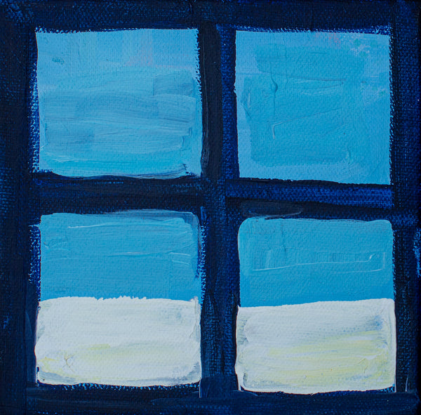 Painting of a window with blue panes and white snow outside