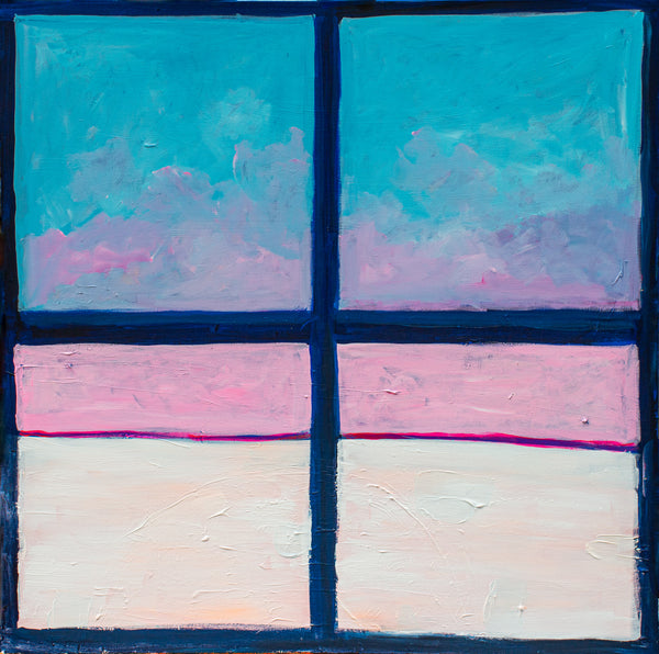 Abstract painting of a window with blue, pink, and beige colors