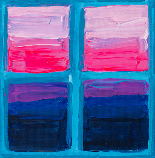 Abstract art with pink, blue, and purple brush strokes on a blue background