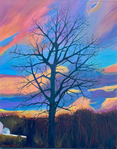 Dreaming Tree and Sky, March, acrylic on canvas landscape painting by Cerulean Arts Collective Member Mary Powers-Holt