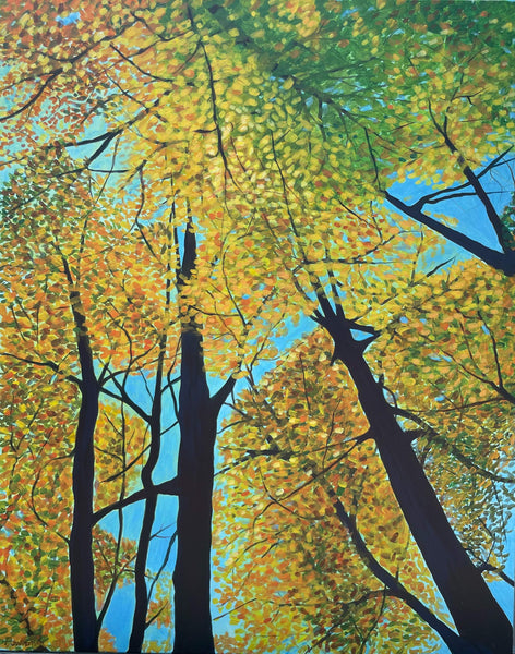 Fall Woods Canopy, acrylic on linen landscape painting by Cerulean Arts Collective Member Mary Powers-Holt