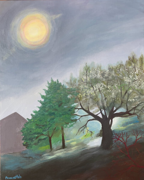 Foggy Winter Moon, acrylic on linen on board landscape painting by Cerulean Arts Collective Member Mary Powers-Holt