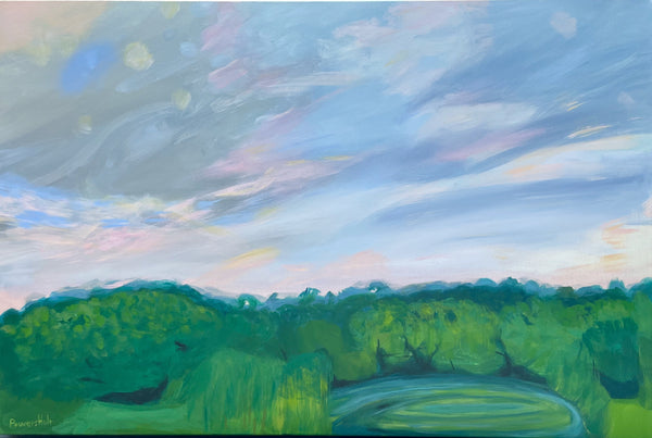 July 19 Balloon Ride, acrylic on linen landscape painting by Cerulean Arts Collective Member Mary Powers-Holt