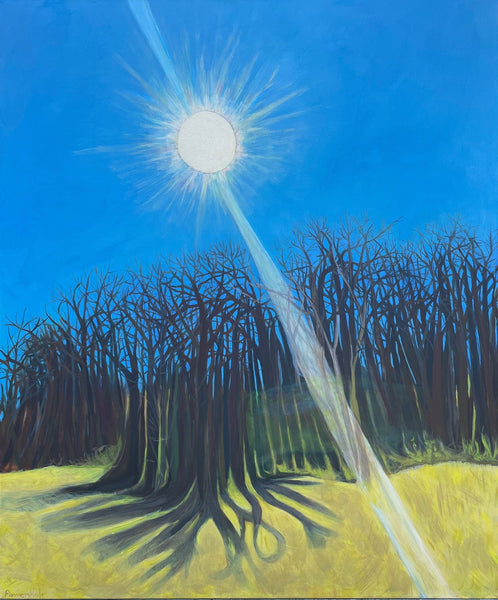 Sun on the Woods, March, acrylic on canvas landscape painting by Cerulean Arts Collective Member Mary Powers-Holt.