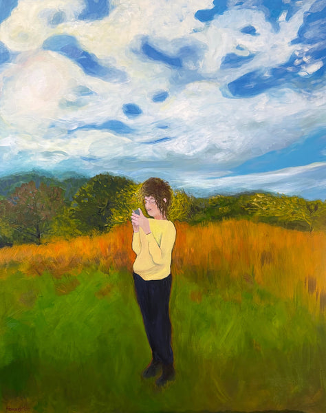 Painting of a person in a yellow sweater standing in a field with a blue sky and clouds.