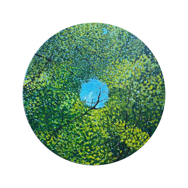Circular painting of a forest canopy with a clear blue sky