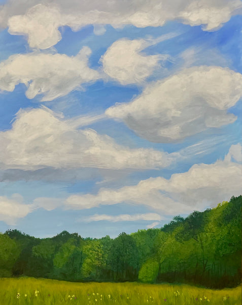 Painting of a landscape with green field, trees, and blue sky with white clouds.