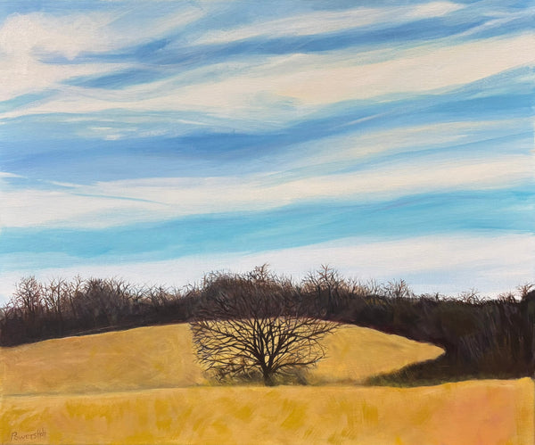 Painting of a landscape with a tree in a field under a blue sky.