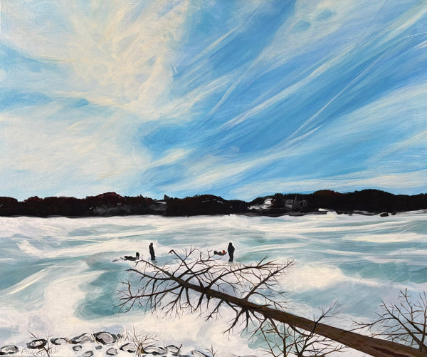Winter scene with a frozen lake, trees, and people fishing, under a blue sky with white clouds.