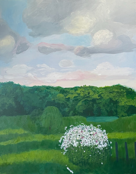 Landscape painting with green trees, a white flower bush, and a blue sky with clouds.