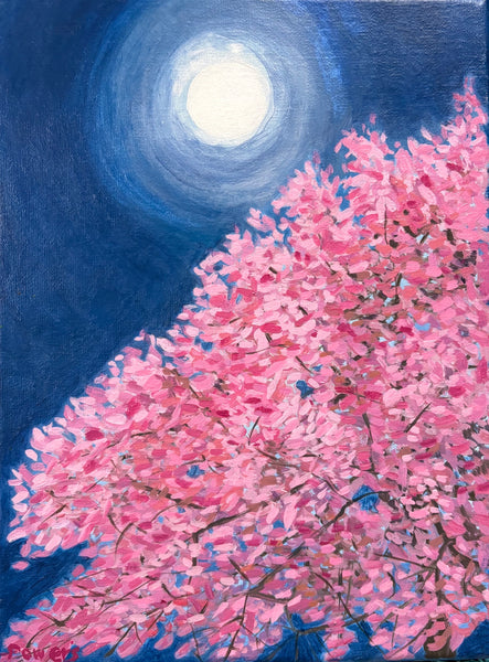 Painting of a magnolia under a full moon
