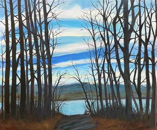Painting of a forest landscape with bare trees and a blue sky.