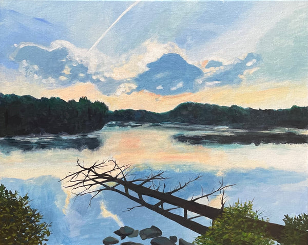 Painting of a serene landscape with a lake, trees, and a sky with clouds.