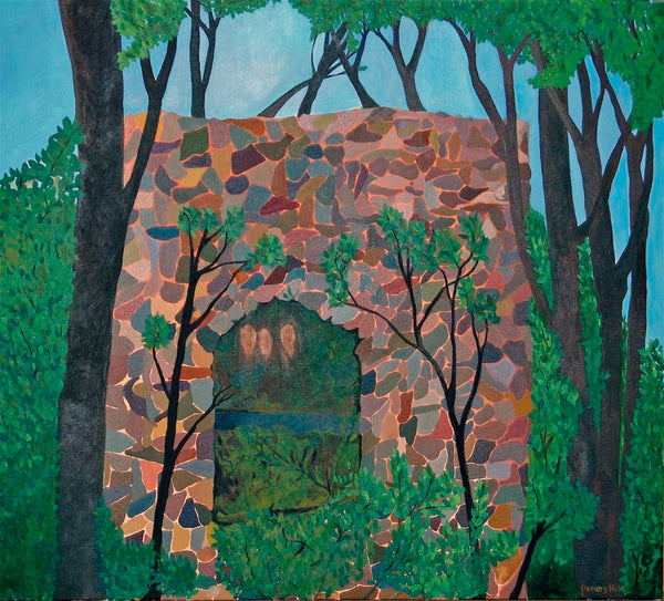 Artistic depiction of a stone archway surrounded by trees and foliage.