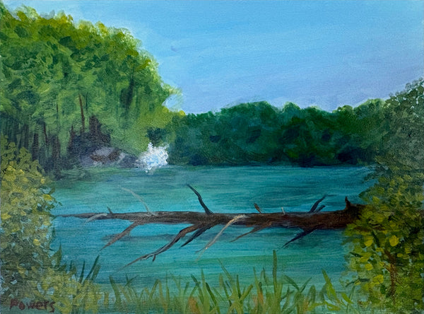 Painting of a serene lake surrounded by trees and greenery
