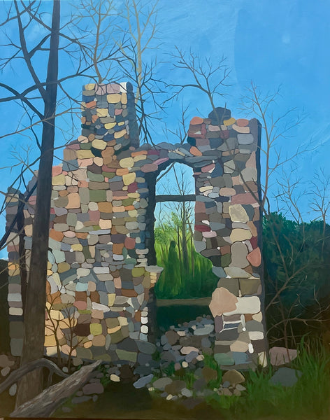 Painting of stone ruins with a blue sky and trees in the background