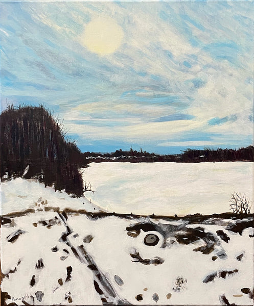Winter landscape with snow-covered field and trees under a blue sky with clouds.