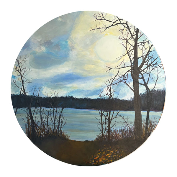 Circular painting of a landscape with trees, water, and a sky with clouds.