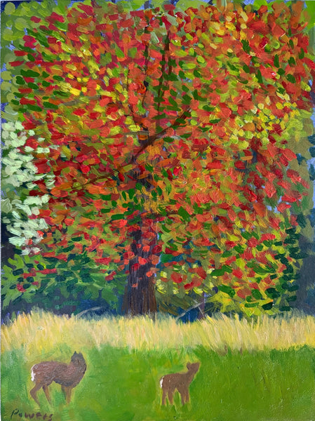 Painting of a tree with autumn foliage and two deer in a grassy field.
