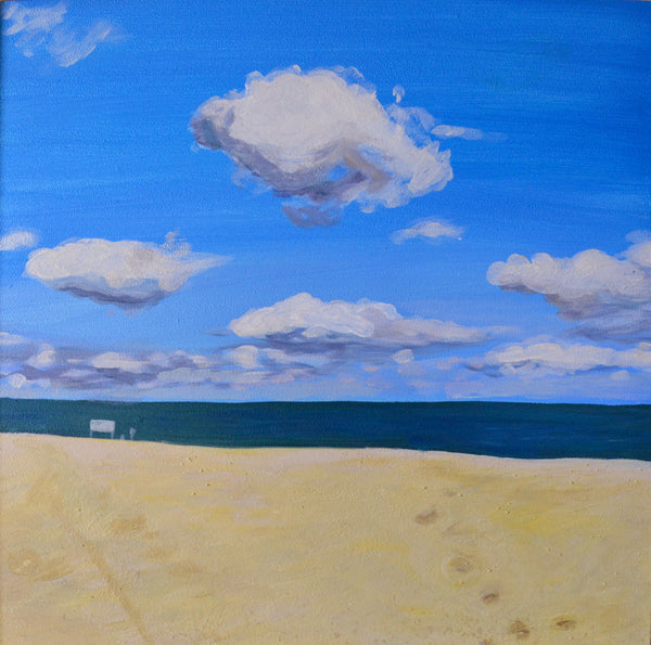 Beach Clouds, acrylic on aluminum panel mounted on wood beach landscape painting by Cerulean Arts Collective Member Mary Powers-Holt.