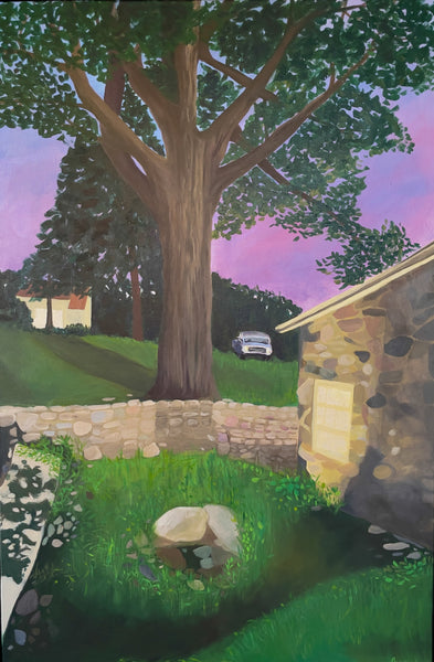 Black Walnut Tree and Smoke House at Night, acrylic on linen backyard landscape painting by Cerulean Arts Collective Member Mary Powers-Holt. 