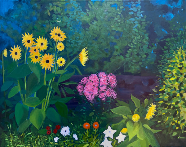Evening Sunflowers, acrylic on aluminum panel floral landscape painting by Cerulean Arts Collective Member Mary Powers-Holt.