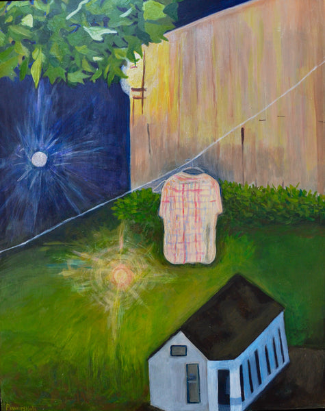 Night Shirt, acrylic on Ampersand Clayboard backyard landscape painting by Cerulean Arts Collective Member Mary Powers-Holt. 