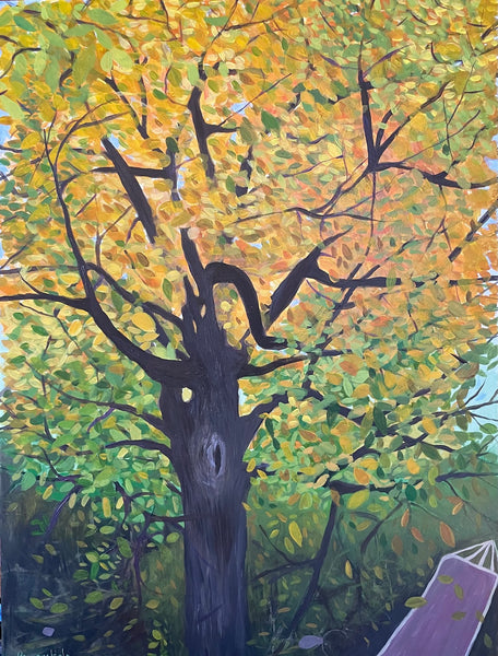 Shag Bark Hickory Autumn, acrylic on Ampersand Gessoboard landscape painting by Cerulean Arts Collective Member Mary Powers-Holt. 