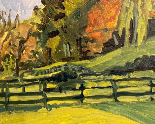 Painting of a landscape with trees and a fence