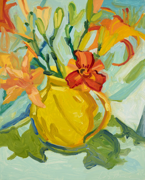 Daylilies with Yellow Pitcher, oil on panel painting by Cerulean Arts Collective Member Liz Price.