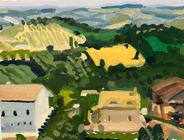 First Vie (Italian Hillside with White Building), oil on board painting by Cerulean Arts Collective Member Liz Price