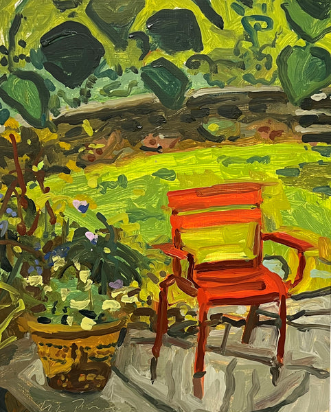 Funny Red Chair, oil on panel painting by Cerulean Arts Collective Member Liz Price.