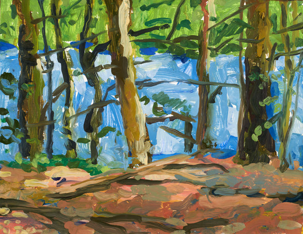 Silver Lake Through the Trees, oil on panel painting by Cerulean Arts Collective Member Liz Price