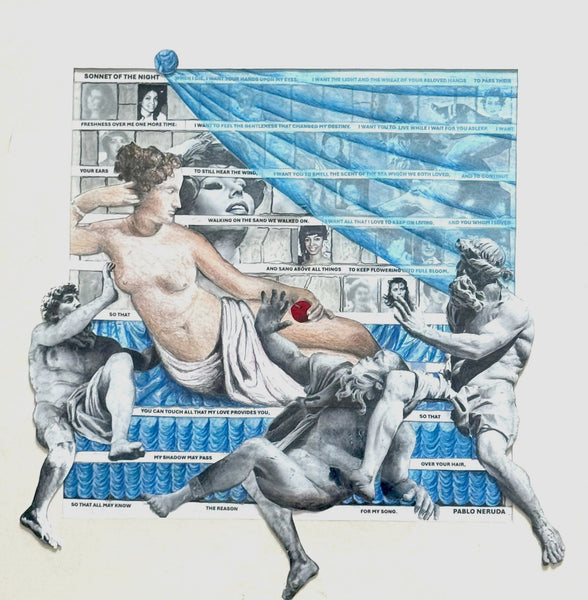 Artistic collage with classical sculpture, text, and abstract elements on a white background